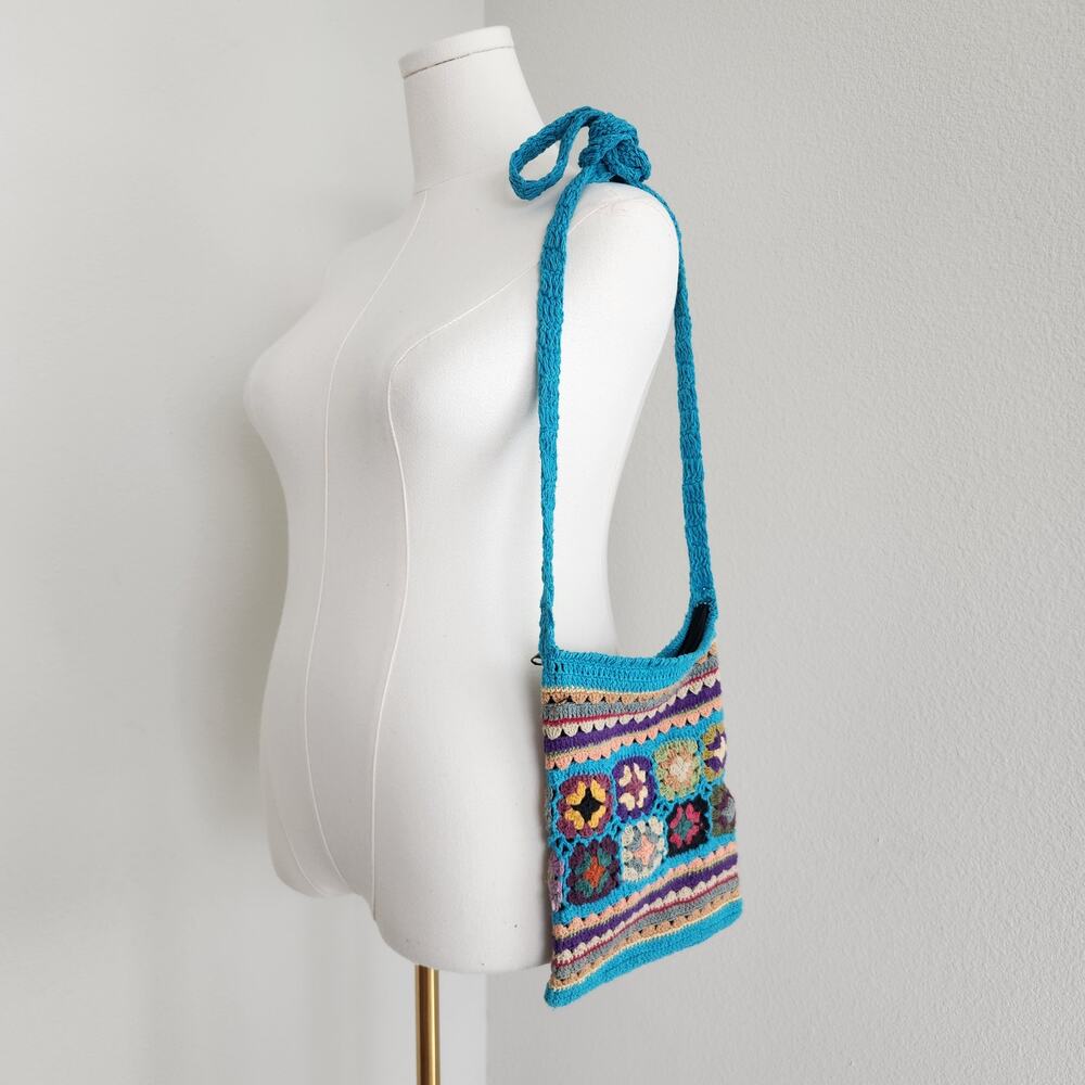 Vintage Boho Teal Crochet Granny Square Crossbody Bag Floral Rainbow Boho Purse